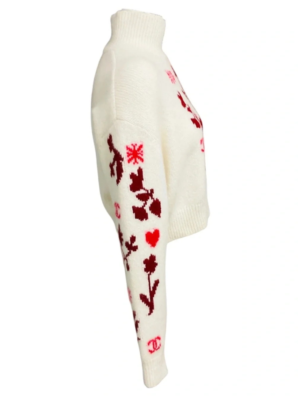 CHANEL IVORY / RED / BURGUNDY INTARSIA CASHMERE KNIT PULLOVER SWEATER WITH CRYST